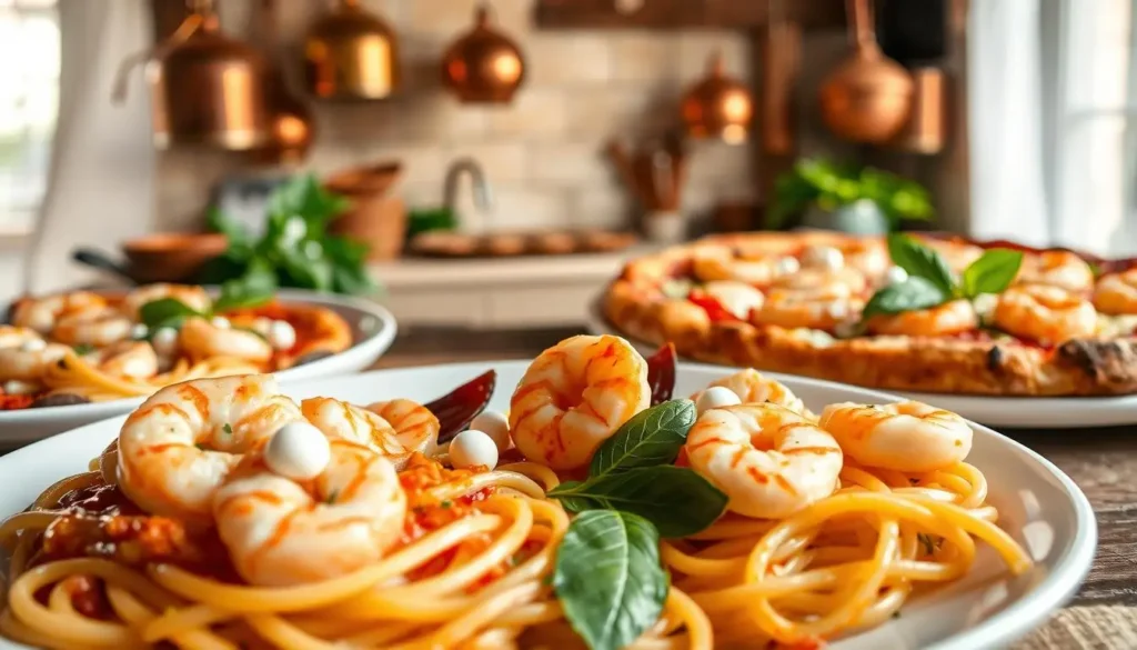 A mouthwatering spread of shrimp and mozzarella dishes, artfully arranged against a soft, ethereal backdrop. In the foreground, succulent shrimp sautéed in a rich, creamy sauce, nestled atop strands of al dente pasta. Glistening mozzarella pearls and fresh basil leaves add pops of color and texture. The middle ground features a wood-fired pizza, its crust charred to perfection, topped with melted mozzarella and plump shrimp. In the background, a rustic Italian kitchen setting, with copper pots hanging from exposed beams and a faint aroma of garlic and herbs wafting through the air. Warm, inviting lighting casts a cozy glow, while the overall composition evokes a sense of culinary harmony and mouthwatering anticipation. A-mouthwatering-spread-of-shrimp-and-mozzarella-dishes-artfully-arranged-against-a-soft