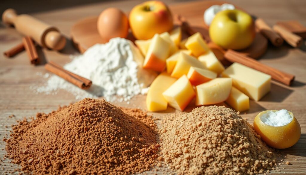 A neatly arranged composition showcasing the essential ingredients for a moist and flavorful cinnamon apple cake. In the foreground, a pile of ground cinnamon, freshly grated nutmeg, and brown sugar. In the middle ground, a hand-mixing bowl filled with chopped apples, flour, baking soda, and butter. In the background, a wooden cutting board with a rolling pin, an egg, and a cinnamon stick. Warm, natural lighting illuminates the scene, casting soft shadows and highlighting the textures. The overall atmosphere evokes a cozy, homemade aesthetic, inviting the viewer to envision the aroma and taste of the baked treat. A neatly arranged composition showcasing the essential ingredients for a moist and flavorful cinnamon apple cake. In the foreground, a pile of ground cinnamon, freshly grated nutmeg, and brown sugar. In the middle ground, a hand-mixing bowl filled with chopped apples, flour, baking soda, and butter. In the background, a wooden cutting board with a rolling pin, an egg, and a cinnamon stick. Warm, natural lighting illuminates the scene, casting soft shadows and highlighting the textures. The overall atmosphere evokes a cozy, homemade aesthetic, inviting the viewer to envision the aroma and taste of the baked treat.