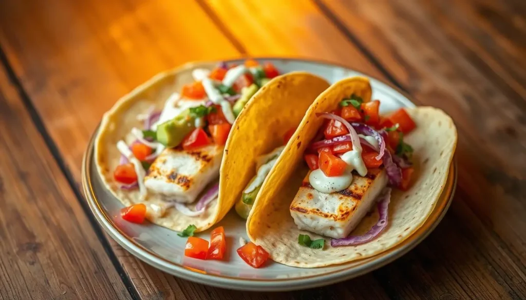A neatly arranged plate showcasing perfectly grilled white fish fillets nestled in warm, soft corn tortillas. Vibrant pico de gallo, crisp shredded cabbage, and a drizzle of creamy avocado crema adorn the tacos, creating a visually appealing and mouthwatering scene. Warm, golden lighting accentuates the dish, while a rustic wooden table and minimal background provide a simple, natural setting. The overall composition emphasizes the freshness, healthiness, and deliciousness of this grilled fish taco dish. A-neatly-arranged-plate-showcasing-perfectly-grilled-white-fish-fillets-nestled-in-warm-soft