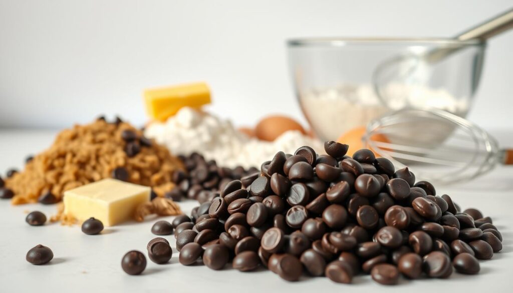 A neatly arranged still life of essential chocolate chip cookie ingredients against a clean, bright backdrop. In the foreground, a pile of chocolate chips, their glossy dark brown surfaces gleaming. To the side, a heap of brown sugar and a pat of golden butter. In the middle ground, a scattering of all-purpose flour, eggs, and a vanilla bean. In the background, a classic mixing bowl and whisk, hinting at the preparation process. Natural, even lighting illuminates the scene, casting gentle shadows and highlighting the inviting textures. The overall mood is one of culinary anticipation, with the high-quality ingredients promising a delectable baking session ahead. A neatly arranged still life of essential chocolate chip cookie ingredients against a clean, bright backdrop. In the foreground, a pile of chocolate chips, their glossy dark brown surfaces gleaming. To the side, a heap of brown sugar and a pat of golden butter. In the middle ground, a scattering of all-purpose flour, eggs, and a vanilla bean. In the background, a classic mixing bowl and whisk, hinting at the preparation process. Natural, even lighting illuminates the scene, casting gentle shadows and highlighting the inviting textures. The overall mood is one of culinary anticipation, with the high-quality ingredients promising a delectable baking session ahead.