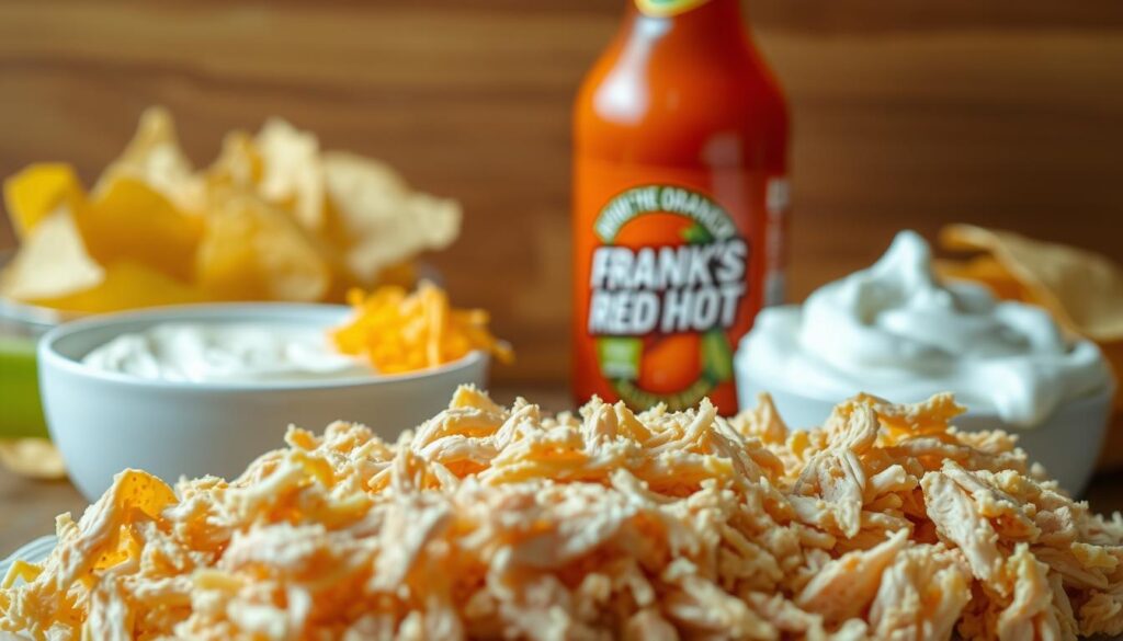 A neatly arranged still life of the essential ingredients for a delectable buffalo chicken dip. In the foreground, a pile of shredded rotisserie chicken, its tender meat glistening. Beside it, a creamy white bowl of tangy cream cheese and sour cream, their textures smooth and inviting. In the middle ground, a vibrant array of bright orange Frank's RedHot sauce, its label prominently displayed, and a sprinkle of shredded cheddar cheese. In the background, a crisp celery stalk and a handful of sturdy tortilla chips, ready to scoop up the irresistible dip. The scene is bathed in soft, warm lighting, creating a cozy, appetizing atmosphere. The composition is carefully balanced, highlighting the key components in an appetizing, documentary-style presentation. A neatly arranged still life of the essential ingredients for a delectable buffalo chicken dip. In the foreground, a pile of shredded rotisserie chicken, its tender meat glistening. Beside it, a creamy white bowl of tangy cream cheese and sour cream, their textures smooth and inviting. In the middle ground, a vibrant array of bright orange Frank's RedHot sauce, its label prominently displayed, and a sprinkle of shredded cheddar cheese. In the background, a crisp celery stalk and a handful of sturdy tortilla chips, ready to scoop up the irresistible dip. The scene is bathed in soft, warm lighting, creating a cozy, appetizing atmosphere. The composition is carefully balanced, highlighting the key components in an appetizing, documentary-style presentation.