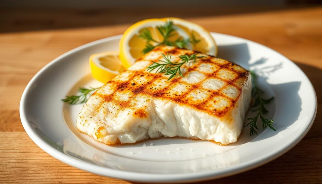 A perfectly grilled cod fillet, glistening with a light golden-brown crust, rests on a gleaming white plate. The fish is surrounded by a lively garnish of fresh lemon wedges, vibrant green sprigs of dill, and a scattering of coarse sea salt. Soft, natural lighting from the side casts subtle shadows, highlighting the flaky texture of the cod. The background is a serene, out-of-focus expanse of natural wood, subtly hinting at the simplicity and elegance of this classic seafood dish. A perfectly grilled cod fillet, glistening with a light golden-brown crust, rests on a gleaming white plate. The fish is surrounded by a lively garnish of fresh lemon wedges, vibrant green sprigs of dill, and a scattering of coarse sea salt. Soft, natural lighting from the side casts subtle shadows, highlighting the flaky texture of the cod. The background is a serene, out-of-focus expanse of natural wood, subtly hinting at the simplicity and elegance of this classic seafood dish.