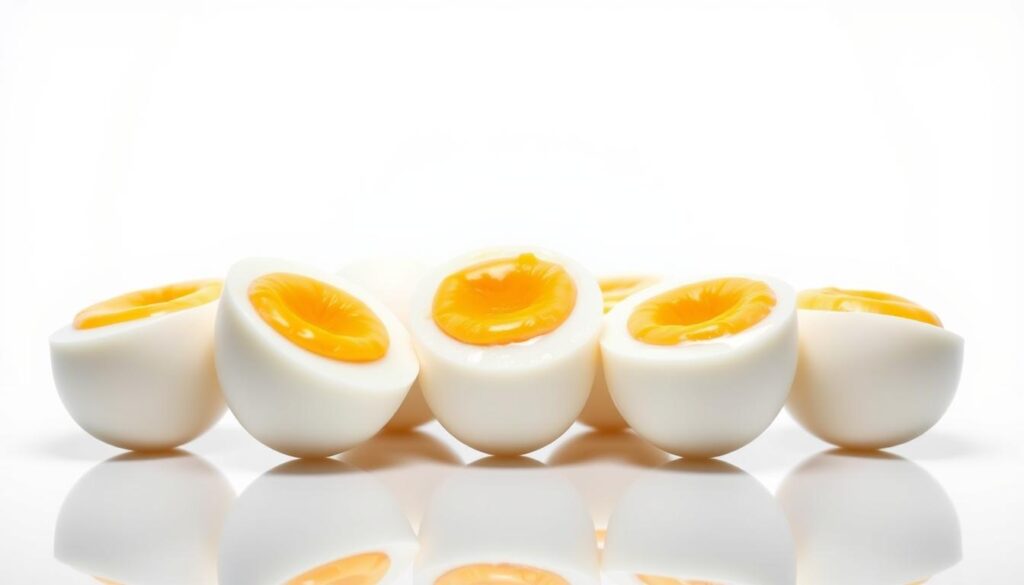 A perfectly lit set of hard boiled eggs, displayed against a plain white background. The eggs are glistening, with a smooth, uniform shell and a vibrant yellow yolk visible through the translucent white. The lighting is soft and even, creating a crisp, almost studio-quality effect. The eggs are arranged in a clean, orderly fashion, with a slight reflection visible below them, enhancing the sense of depth and dimension. The overall mood is one of simplicity, clarity, and culinary perfection, conveying the essence of the "perfect hard boiled egg". A perfectly lit set of hard boiled eggs, displayed against a plain white background. The eggs are glistening, with a smooth, uniform shell and a vibrant yellow yolk visible through the translucent white. The lighting is soft and even, creating a crisp, almost studio-quality effect. The eggs are arranged in a clean, orderly fashion, with a slight reflection visible below them, enhancing the sense of depth and dimension. The overall mood is one of simplicity, clarity, and culinary perfection, conveying the essence of the "perfect hard boiled egg".