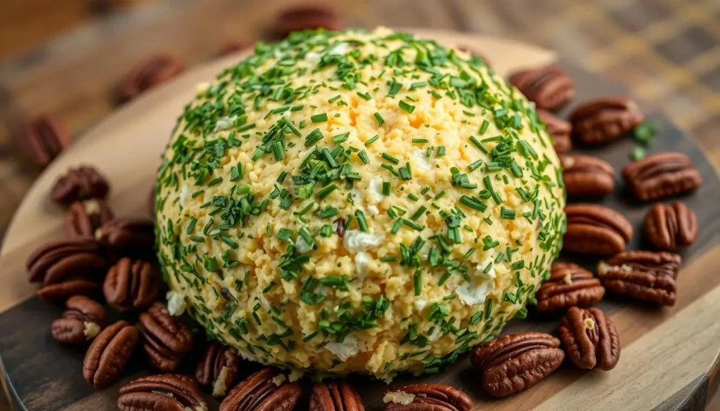 A perfectly round, golden cheddar cheese ball sits atop a rustic wooden board, its surface glistening under soft, natural lighting. The cheese is generously coated in a vibrant mixture of finely chopped fresh parsley, dill, and chives, creating a luscious, herbal crust. Surrounding the cheeseball are scattered whole pecans, their warm, earthy tones complementing the bold cheese flavors. The overall composition exudes an inviting, homemade aesthetic, perfectly capturing the essence of a classic cheddar ranch cheeseball. A-perfectly-round-golden-cheddar-cheese-ball-sits-atop-a-rustic-wooden-board-its-surface