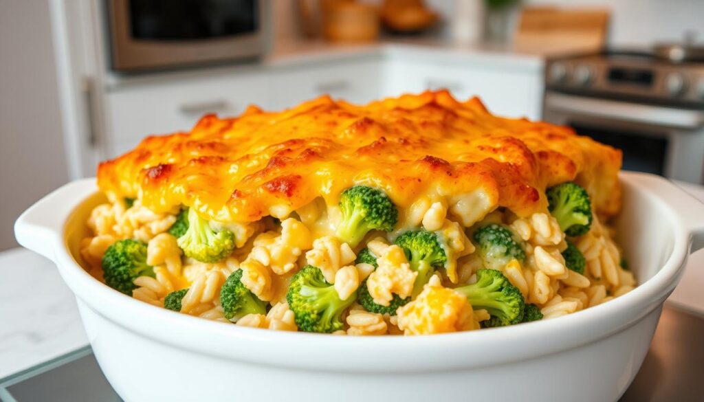 A piping hot, fresh-from-the-oven casserole dish filled with tender chicken, vibrant broccoli florets, and fluffy white rice, all blanketed in a rich, creamy cheese sauce. The casserole is shot from a 3/4 angle, capturing the layers of ingredients and the golden, bubbly crust on top. Soft, diffused lighting illuminates the dish, highlighting the textures and colors. The setting is a cozy, modern kitchen with minimalist decor, placing the casserole as the central focus. The overall mood is comforting, homemade, and inviting, perfectly encapsulating the essence of a classic chicken broccoli rice casserole. A piping hot, fresh-from-the-oven casserole dish filled with tender chicken, vibrant broccoli florets, and fluffy white rice, all blanketed in a rich, creamy cheese sauce. The casserole is shot from a 3/4 angle, capturing the layers of ingredients and the golden, bubbly crust on top. Soft, diffused lighting illuminates the dish, highlighting the textures and colors. The setting is a cozy, modern kitchen with minimalist decor, placing the casserole as the central focus. The overall mood is comforting, homemade, and inviting, perfectly encapsulating the essence of a classic chicken broccoli rice casserole.