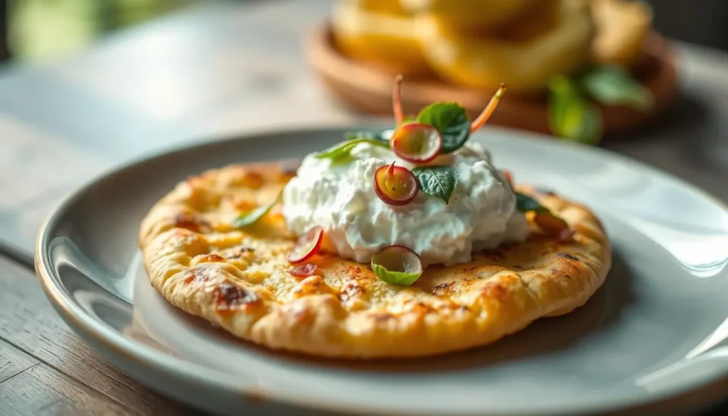 A plate of fresh cottage cheese nestled atop a golden, crispy flatbread. Garnished with vibrant green leaves and sliced carnivorous plants, creating a captivating contrast. Warm, soft light from the side gently illuminates the textural details, while a shallow depth of field draws the viewer's focus to the central composition. The overall mood is one of simplicity and natural balance, inviting the observer to explore the interplay of flavors and textures within this simple yet intriguing dish. A-plate-of-fresh-cottage-cheese-nestled-atop-a-golden-crispy-flatbread.-Garnished-with-vibrant
