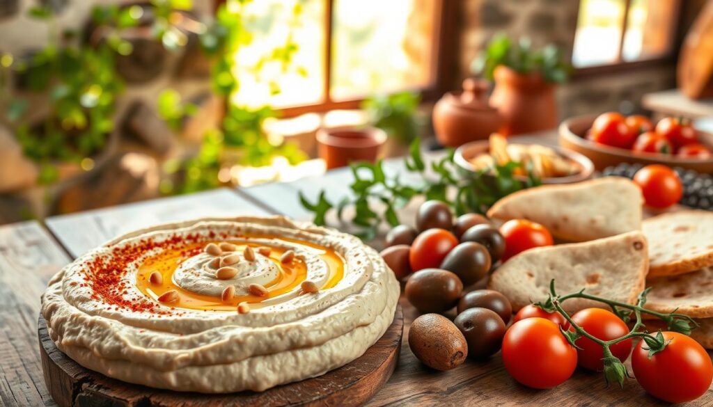 A rich, creamy hummus dish set against a rustic Mediterranean backdrop. In the foreground, a smooth, velvety hummus topped with a drizzle of olive oil, a sprinkle of paprika, and a scattering of toasted pine nuts. Surrounding it, a selection of fresh pita bread, olives, and vibrant cherry tomatoes. In the middle ground, terracotta bowls and plates sit on a weathered wooden table, evoking a traditional Mediterranean kitchen. The background features a stone wall, partially obscured by lush greenery, hinting at the lush landscapes of the region. Natural lighting from a large window casts a warm, golden glow over the scene, creating an inviting and authentic atmosphere. A rich, creamy hummus dish set against a rustic Mediterranean backdrop. In the foreground, a smooth, velvety hummus topped with a drizzle of olive oil, a sprinkle of paprika, and a scattering of toasted pine nuts. Surrounding it, a selection of fresh pita bread, olives, and vibrant cherry tomatoes. In the middle ground, terracotta bowls and plates sit on a weathered wooden table, evoking a traditional Mediterranean kitchen. The background features a stone wall, partially obscured by lush greenery, hinting at the lush landscapes of the region. Natural lighting from a large window casts a warm, golden glow over the scene, creating an inviting and authentic atmosphere.