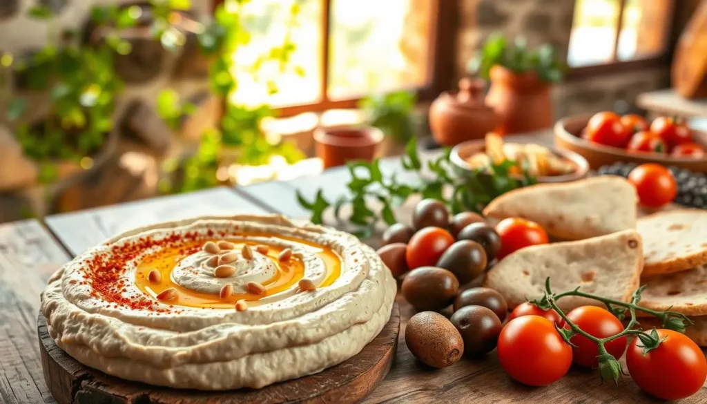 A rich, creamy hummus dish set against a rustic Mediterranean backdrop. In the foreground, a smooth, velvety hummus topped with a drizzle of olive oil, a sprinkle of paprika, and a scattering of toasted pine nuts. Surrounding it, a selection of fresh pita bread, olives, and vibrant cherry tomatoes. In the middle ground, terracotta bowls and plates sit on a weathered wooden table, evoking a traditional Mediterranean kitchen. The background features a stone wall, partially obscured by lush greenery, hinting at the lush landscapes of the region. Natural lighting from a large window casts a warm, golden glow over the scene, creating an inviting and authentic atmosphere. A-rich-creamy-hummus-dish-set-against-a-rustic-Mediterranean-backdrop.-In-the-foreground-a