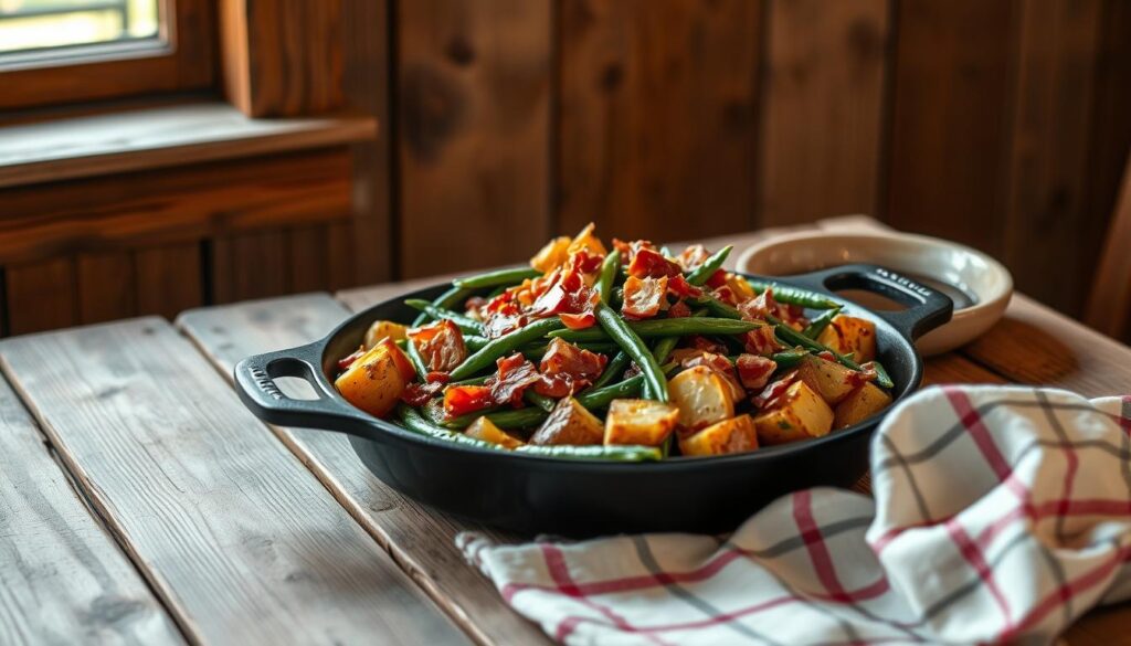 A rustic country scene featuring a wooden table laden with a hearty dish of fresh green beans and roasted potatoes. The vegetables are sizzling in a cast-iron skillet, complemented by crispy bacon crumbles. Warm, gentle lighting from a nearby window casts a soft glow, highlighting the earthy tones and natural textures. The table is set against a backdrop of weathered wooden paneling, hinting at the homespun charm of a traditional farmhouse kitchen. The overall mood is one of simple, homemade comfort - a classic side dish that evokes the nostalgia of a cherished family recipe. A rustic country scene featuring a wooden table laden with a hearty dish of fresh green beans and roasted potatoes. The vegetables are sizzling in a cast-iron skillet, complemented by crispy bacon crumbles. Warm, gentle lighting from a nearby window casts a soft glow, highlighting the earthy tones and natural textures. The table is set against a backdrop of weathered wooden paneling, hinting at the homespun charm of a traditional farmhouse kitchen. The overall mood is one of simple, homemade comfort - a classic side dish that evokes the nostalgia of a cherished family recipe.