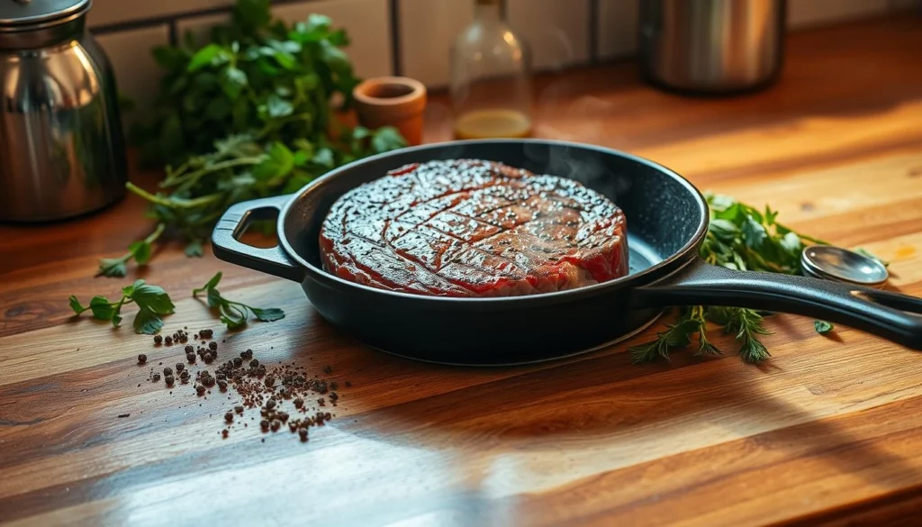 A rustic kitchen counter, the surface polished and gleaming, bathed in soft, warm lighting. Atop the counter, a thick, juicy round steak sizzles in a cast-iron skillet, steam rising in delicate wisps. Surrounding the skillet, an array of fresh herbs, a sprinkle of cracked black pepper, and a drizzle of aromatic oil, creating a mouthwatering tableau. The steak is seared to perfection, its edges caramelized and the center still rosy. The scene evokes the comforting aroma of a quick, delicious meal, ready to be enjoyed. A-rustic-kitchen-counter-the-surface-polished-and-gleaming-bathed-in-soft-warm-lighting