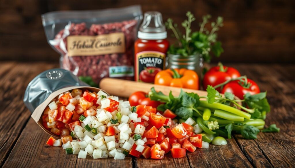 A rustic wooden table, its surface weathered and scarred, serves as the stage for an array of hobo casserole ingredients. In the foreground, a medley of fresh produce - diced onions, bell peppers, and tomatoes - spill out of their containers, their vibrant colors a testament to their freshness. In the middle ground, a package of ground beef and a jar of hearty tomato sauce stand ready to be the backbone of the dish. In the background, a few sprigs of fragrant herbs, their delicate leaves casting gentle shadows, add a touch of rustic elegance. The lighting is soft and natural, casting a warm glow over the scene, as if the ingredients were gathered from a farmers' market and brought straight to the kitchen. The overall mood is one of homespun comfort and simplicity, hinting at the satisfying, down-to-earth flavors that will soon emerge from the oven. A rustic wooden table, its surface weathered and scarred, serves as the stage for an array of hobo casserole ingredients. In the foreground, a medley of fresh produce - diced onions, bell peppers, and tomatoes - spill out of their containers, their vibrant colors a testament to their freshness. In the middle ground, a package of ground beef and a jar of hearty tomato sauce stand ready to be the backbone of the dish. In the background, a few sprigs of fragrant herbs, their delicate leaves casting gentle shadows, add a touch of rustic elegance. The lighting is soft and natural, casting a warm glow over the scene, as if the ingredients were gathered from a farmers' market and brought straight to the kitchen. The overall mood is one of homespun comfort and simplicity, hinting at the satisfying, down-to-earth flavors that will soon emerge from the oven.