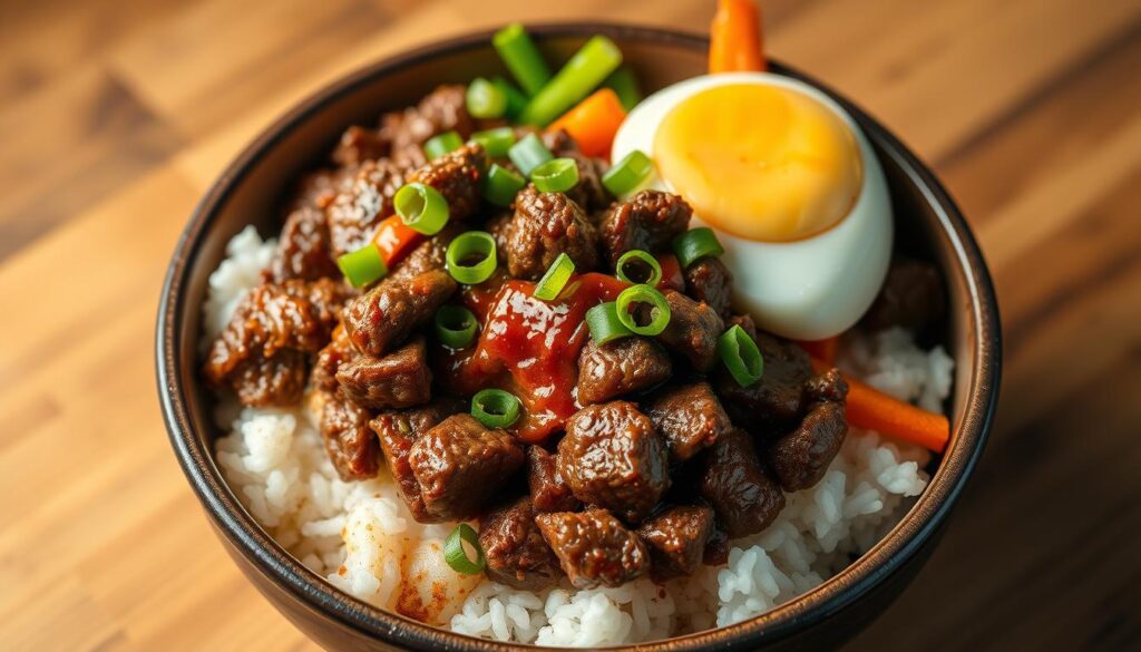 A savory and vibrant Korean ground beef bowl, the centerpiece of the dish. Sizzling ground beef, seasoned with garlic, ginger, and gochujang, nestled atop a bed of fluffy white rice. Vibrant green onions, crisp carrots, and a soft-boiled egg add contrasting textures and flavors. Warm, soft lighting illuminates the bowl, highlighting the rich, caramelized edges of the beef and the glossy sheen of the sauce. Shot from a high angle, capturing the full depth and layering of the ingredients. A comforting, satisfying, and authentically Korean culinary delight. A savory and vibrant Korean ground beef bowl, the centerpiece of the dish. Sizzling ground beef, seasoned with garlic, ginger, and gochujang, nestled atop a bed of fluffy white rice. Vibrant green onions, crisp carrots, and a soft-boiled egg add contrasting textures and flavors. Warm, soft lighting illuminates the bowl, highlighting the rich, caramelized edges of the beef and the glossy sheen of the sauce. Shot from a high angle, capturing the full depth and layering of the ingredients. A comforting, satisfying, and authentically Korean culinary delight.