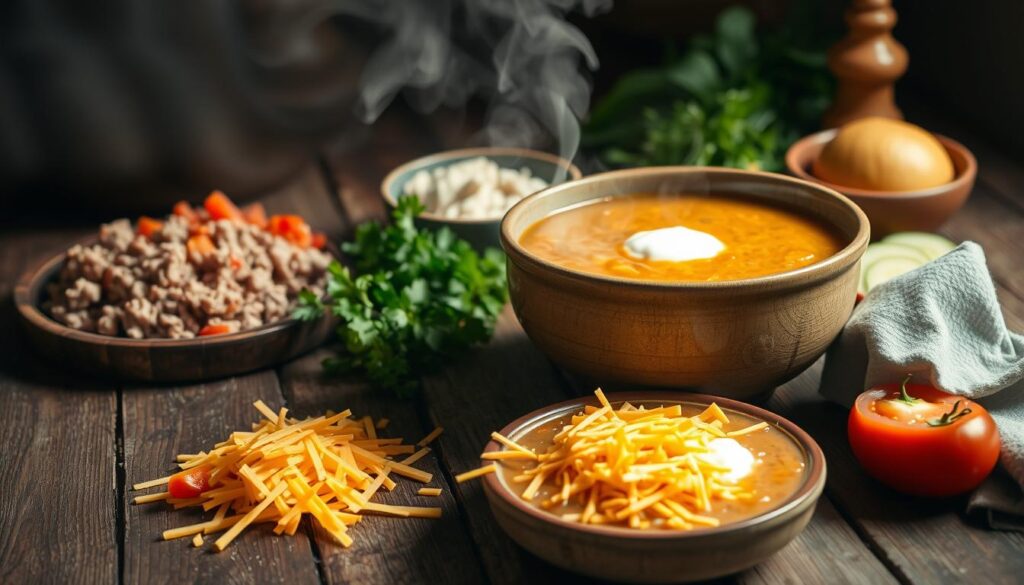 A savory keto-friendly cheeseburger soup simmering on a rustic wooden table, steam rising from the bowl. In the foreground, a sprinkle of shredded cheddar cheese and a dollop of sour cream. Surrounding the soup, various ingredients used to prepare it - ground beef, diced tomatoes, sliced pickles, and fresh herbs. The scene is illuminated by soft, natural lighting, creating a cozy and appetizing atmosphere. The overall composition emphasizes the simplicity and deliciousness of this low-carb, comfort food dish. A savory keto-friendly cheeseburger soup simmering on a rustic wooden table, steam rising from the bowl. In the foreground, a sprinkle of shredded cheddar cheese and a dollop of sour cream. Surrounding the soup, various ingredients used to prepare it - ground beef, diced tomatoes, sliced pickles, and fresh herbs. The scene is illuminated by soft, natural lighting, creating a cozy and appetizing atmosphere. The overall composition emphasizes the simplicity and deliciousness of this low-carb, comfort food dish.
