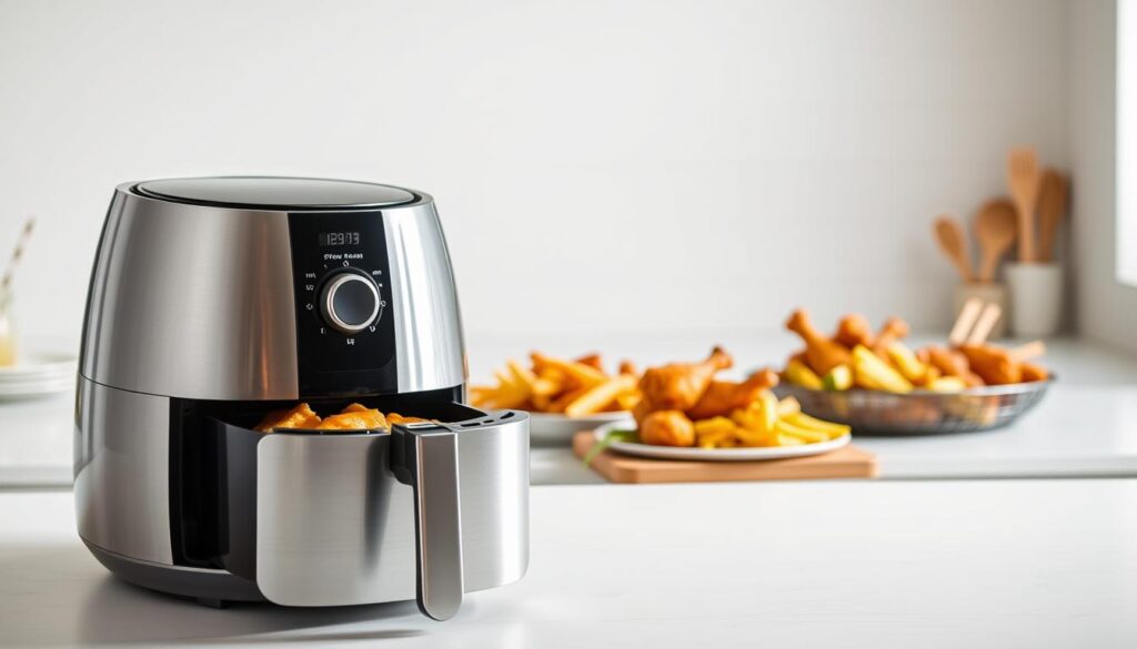 A sleek, modern air fryer set against a bright, airy backdrop, highlighting its key features and benefits. The foreground showcases the appliance's streamlined design, with a focus on its spacious cooking basket and user-friendly control panel. The middle ground depicts a variety of delicious, golden-brown fried foods, such as crispy chicken wings, fries, and vegetables, conveying the air fryer's ability to achieve restaurant-quality results with little to no oil. The background features a minimalist, white-washed kitchen setting, emphasizing the air fryer's versatility and seamless integration into a modern, health-conscious lifestyle. Soft, directional lighting accentuates the air fryer's polished surface and the tempting texture of the cooked foods, creating an inviting and appetizing atmosphere.