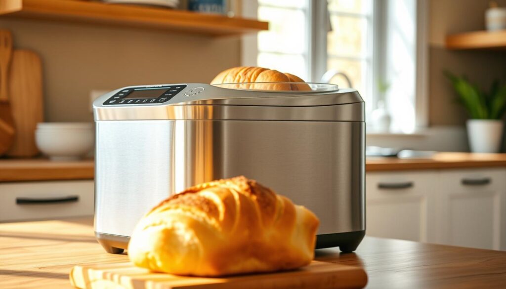 A sleek, modern bread machine sitting on a wooden kitchen counter, bathed in warm, natural light filtering in through a nearby window. The machine's brushed stainless steel exterior gleams, complemented by thoughtfully designed control panels and touch buttons. In the foreground, freshly baked bread with a golden crust emerges from the machine's top-loading chamber, the enticing aroma of yeast and spices wafting through the air. The scene exudes a sense of domestic comfort and the pride of homemade baking, inviting the viewer to imagine the satisfying experience of creating delectable cinnamon swirl bread in the comfort of their own kitchen. A sleek, modern bread machine sitting on a wooden kitchen counter, bathed in warm, natural light filtering in through a nearby window. The machine's brushed stainless steel exterior gleams, complemented by thoughtfully designed control panels and touch buttons. In the foreground, freshly baked bread with a golden crust emerges from the machine's top-loading chamber, the enticing aroma of yeast and spices wafting through the air. The scene exudes a sense of domestic comfort and the pride of homemade baking, inviting the viewer to imagine the satisfying experience of creating delectable cinnamon swirl bread in the comfort of their own kitchen.
