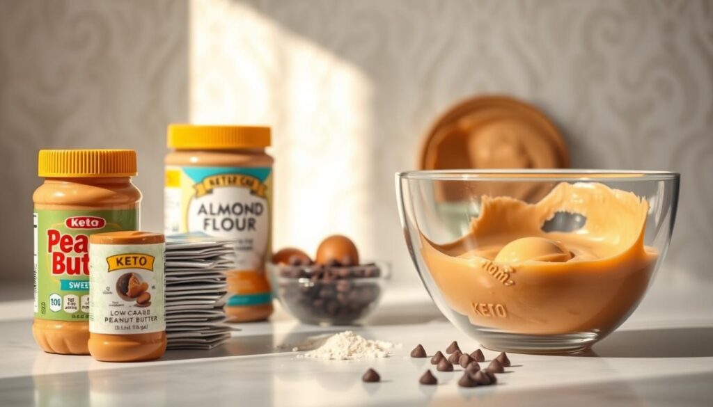 A sleek, modern kitchen counter showcasing an assortment of keto-friendly ingredients for a peanut butter earthquake cake. In the foreground, a jar of smooth peanut butter, a stack of low-carb sweetener packets, and a bowl of almond flour stand out against a clean, minimalist backdrop. In the middle ground, a mixing bowl filled with creamy peanut butter, eggs, and sugar-free chocolate chips hints at the decadent dessert to come. The background features a subtle, soft-focus pattern of patterned paper or a linen cloth, creating a cozy, inviting atmosphere. The lighting is warm and natural, gently illuminating the scene and highlighting the rich, indulgent textures of the ingredients. A sleek, modern kitchen counter showcasing an assortment of keto-friendly ingredients for a peanut butter earthquake cake. In the foreground, a jar of smooth peanut butter, a stack of low-carb sweetener packets, and a bowl of almond flour stand out against a clean, minimalist backdrop. In the middle ground, a mixing bowl filled with creamy peanut butter, eggs, and sugar-free chocolate chips hints at the decadent dessert to come. The background features a subtle, soft-focus pattern of patterned paper or a linen cloth, creating a cozy, inviting atmosphere. The lighting is warm and natural, gently illuminating the scene and highlighting the rich, indulgent textures of the ingredients.
