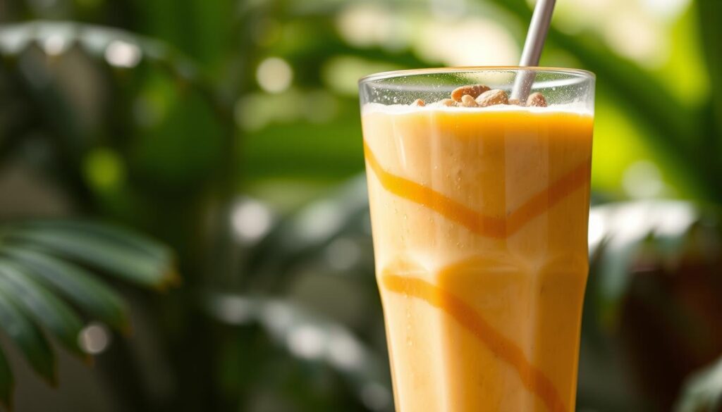 A smooth, creamy peanut butter and banana smoothie, swirled with a touch of honey, garnished with a sprinkling of roasted peanuts. The glass is frosted, reflecting the bright yellow-orange hue of the drink, with condensation beading on the sides. Soft natural lighting filters in, casting a warm, inviting glow. The composition is centered, with the smoothie occupying the foreground, and a blurred background of tropical greenery suggesting a healthy, energizing start to the day. A smooth, creamy peanut butter and banana smoothie, swirled with a touch of honey, garnished with a sprinkling of roasted peanuts. The glass is frosted, reflecting the bright yellow-orange hue of the drink, with condensation beading on the sides. Soft natural lighting filters in, casting a warm, inviting glow. The composition is centered, with the smoothie occupying the foreground, and a blurred background of tropical greenery suggesting a healthy, energizing start to the day.