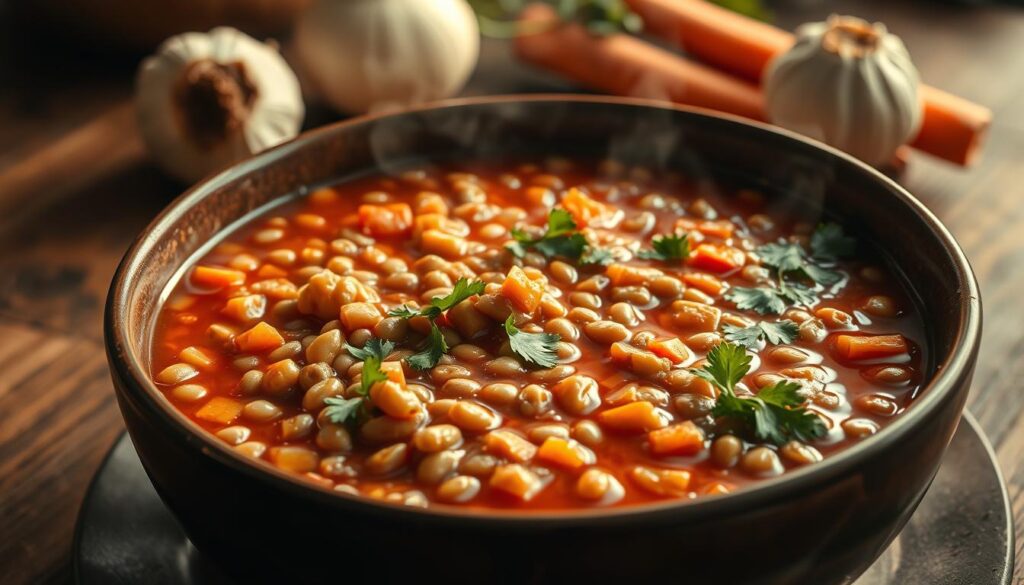 A steaming bowl of high-fiber Italian lentil soup, highlighted by the warm glow of a soft, natural light. In the foreground, thick chunks of nutrient-dense lentils in a rich, tomato-based broth, garnished with freshly chopped parsley. The middle ground features roasted garlic cloves and slivers of carrots, adding depth and subtle sweetness. In the background, a rustic, wooden table sets the scene, evoking a cozy, homemade atmosphere. The image conveys the hearty, wholesome nature of this nourishing dish, perfectly capturing the health benefits of this traditional Italian comfort food. A steaming bowl of high-fiber Italian lentil soup, highlighted by the warm glow of a soft, natural light. In the foreground, thick chunks of nutrient-dense lentils in a rich, tomato-based broth, garnished with freshly chopped parsley. The middle ground features roasted garlic cloves and slivers of carrots, adding depth and subtle sweetness. In the background, a rustic, wooden table sets the scene, evoking a cozy, homemade atmosphere. The image conveys the hearty, wholesome nature of this nourishing dish, perfectly capturing the health benefits of this traditional Italian comfort food.