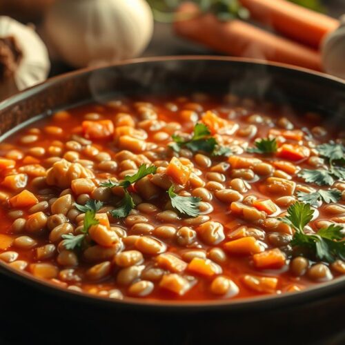 A steaming bowl of high-fiber Italian lentil soup, highlighted by the warm glow of a soft, natural light. In the foreground, thick chunks of nutrient-dense lentils in a rich, tomato-based broth, garnished with freshly chopped parsley. The middle ground features roasted garlic cloves and slivers of carrots, adding depth and subtle sweetness. In the background, a rustic, wooden table sets the scene, evoking a cozy, homemade atmosphere. The image conveys the hearty, wholesome nature of this nourishing dish, perfectly capturing the health benefits of this traditional Italian comfort food.