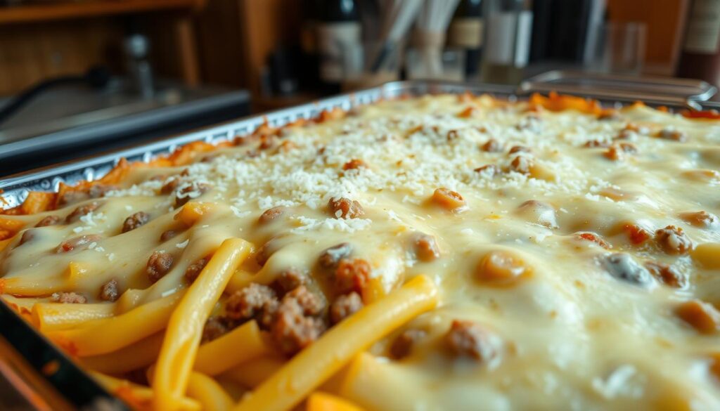 A steaming casserole dish filled with layers of al dente ziti noodles, enveloped in a rich, creamy béchamel sauce and studded with browned ground beef. The surface is blanketed in a thick, gooey layer of melted mozzarella cheese, its golden-brown hue glistening under soft, warm lighting. Sprinkled with a dusting of freshly grated Parmesan, the dish emanates an irresistible aroma that beckons the senses. In the background, a cozy, rustic kitchen scene with wooden accents and a hint of wine bottles on a nearby shelf, creating an inviting, homey atmosphere. A steaming casserole dish filled with layers of al dente ziti noodles, enveloped in a rich, creamy béchamel sauce and studded with browned ground beef. The surface is blanketed in a thick, gooey layer of melted mozzarella cheese, its golden-brown hue glistening under soft, warm lighting. Sprinkled with a dusting of freshly grated Parmesan, the dish emanates an irresistible aroma that beckons the senses. In the background, a cozy, rustic kitchen scene with wooden accents and a hint of wine bottles on a nearby shelf, creating an inviting, homey atmosphere.