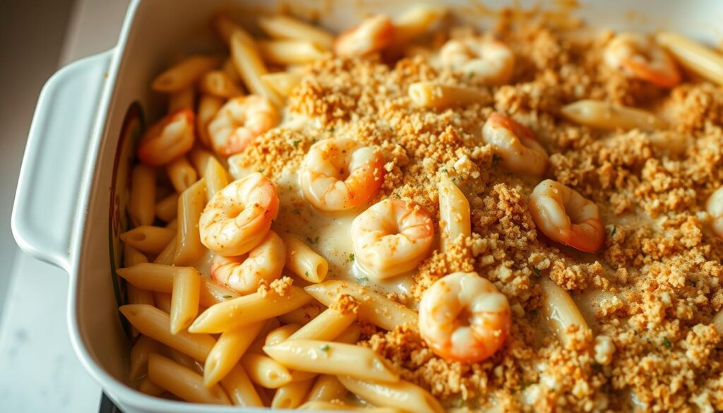 A steaming casserole dish filled with perfectly al dente penne pasta, plump and juicy sautéed shrimp, a creamy garlic-infused béchamel sauce, and a golden-brown, crispy breadcrumb topping. The scene is bathed in warm, soft lighting, casting a cozy and inviting atmosphere. The camera angle is positioned slightly above, showcasing the appetizing layers and textures of this comforting shrimp scampi pasta bake. In the background, a neutral, slightly blurred backdrop suggests a modern, minimalist kitchen setting, allowing the dish to take center stage.
