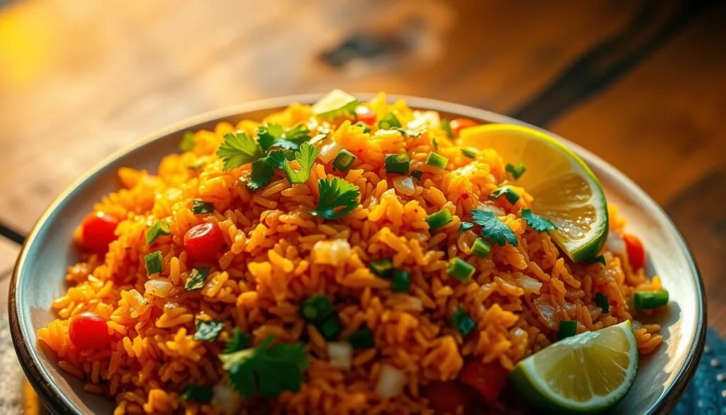 A steaming plate of Mexican rice, meticulously arranged and garnished. The rice, a vibrant shade of orange, is infused with the bold flavors of Rotel tomatoes and diced green chiles. Sautéed onions and garlic add depth, while a sprinkle of cilantro and a squeeze of lime lend a fresh, zesty finish. The composition is visually striking, with the rice taking center stage, surrounded by a harmonious array of colors and textures. Warm lighting casts a golden glow, accentuating the dish's inviting aroma and enticing the senses. The overall mood is one of rustic authenticity, capturing the essence of traditional Mexican cuisine. A steaming plate of Mexican rice, meticulously arranged and garnished. The rice, a vibrant shade of orange, is infused with the bold flavors of Rotel tomatoes and diced green chiles. Sautéed onions and garlic add depth, while a sprinkle of cilantro and a squeeze of lime lend a fresh, zesty finish. The composition is visually striking, with the rice taking center stage, surrounded by a harmonious array of colors and textures. Warm lighting casts a golden glow, accentuating the dish's inviting aroma and enticing the senses. The overall mood is one of rustic authenticity, capturing the essence of traditional Mexican cuisine.