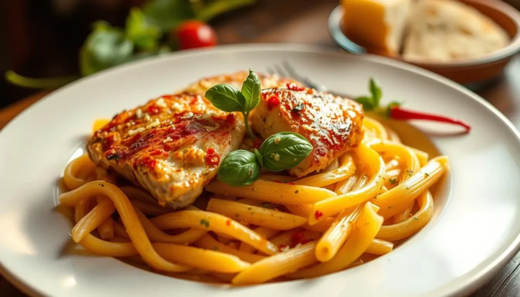 A steaming plate of freshly cooked pasta takes center stage, surrounded by a vibrant array of ingredients. Tender chicken thighs seared to golden perfection, nestled among al dente penne noodles. The sauce, a rich and creamy blend of Parmesan, garlic, and herbs, glistens invitingly. Sprigs of fresh basil and a scattering of crushed red pepper flakes add pops of color and flavor. Backlighting casts a warm, inviting glow, drawing the viewer's attention to the enticing dish. The composition is balanced, with a soft, blurred background hinting at a cozy, intimate dining setting. This image captures the essence of a delectable "Marry Me Chicken Pasta" experience, setting the stage for an indulgent culinary journey. A-steaming-plate-of-freshly-cooked-pasta-takes-center-stage-surrounded-by-a-vibrant-array-of