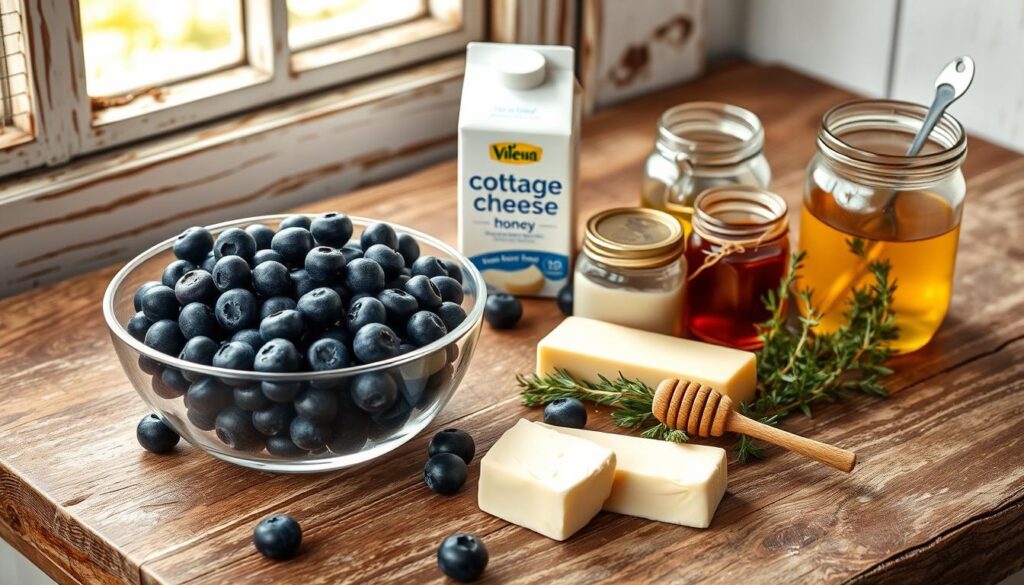 A still life arrangement showcasing the essential ingredients for a delectable blueberry cottage cheese breakfast bake. On a rustic wooden surface, arrange neatly a bowl of plump, ripe blueberries, a carton of creamy cottage cheese, a stick of butter, a jar of honey, and a few sprigs of fresh thyme. Natural daylight filters in from a window, casting a warm, golden glow over the scene. The composition is balanced, with the ingredients positioned to highlight their colors and textures. An inviting, homey atmosphere permeates the image, evoking the comforting aroma of a freshly baked breakfast treat. A still life arrangement showcasing the essential ingredients for a delectable blueberry cottage cheese breakfast bake. On a rustic wooden surface, arrange neatly a bowl of plump, ripe blueberries, a carton of creamy cottage cheese, a stick of butter, a jar of honey, and a few sprigs of fresh thyme. Natural daylight filters in from a window, casting a warm, golden glow over the scene. The composition is balanced, with the ingredients positioned to highlight their colors and textures. An inviting, homey atmosphere permeates the image, evoking the comforting aroma of a freshly baked breakfast treat.