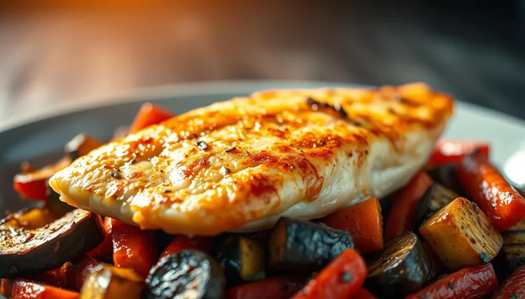 A succulent and fragrant oven-baked tilapia filet, its crisp golden-brown skin glistening under warm studio lighting, rests atop a colorful medley of roasted vegetables. The filet is flanked by vibrant, caramelized carrots, zucchini, and red bell peppers, which have been seasoned with a blend of herbs and spices. The composition is set against a softly blurred background, drawing the viewer's eye to the mouthwatering centerpiece. The overall scene radiates an inviting, appetizing atmosphere, capturing the essence of a simple yet delectable oven-baked tilapia dish that is sure to delight the senses. A-succulent-and-fragrant-oven-baked-tilapia-filet-its-crisp-golden-brown-skin-glistening-under