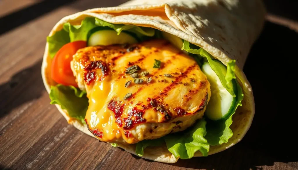 A succulent chicken breast, perfectly seasoned with aromatic garlic and fragrant herbs, nestled in a low-carb tortilla wrap. The chicken is grilled to a golden brown, oozing with melted cheddar cheese. Fresh lettuce, juicy tomatoes, and crisp cucumber slices add a refreshing crunch. Soft shadows cast by natural lighting create a cozy, inviting atmosphere, highlighting the dish's tempting texture and vibrant colors. The camera angle captures the wrap from an eye-level perspective, showcasing its mouthwatering presentation. This keto-friendly meal exudes a sense of wholesome indulgence, perfectly suited for the "The Perfect Keto-Friendly Meal" section. A-succulent-chicken-breast-perfectly-seasoned-with-aromatic-garlic-and-fragrant-herbs-nestled
