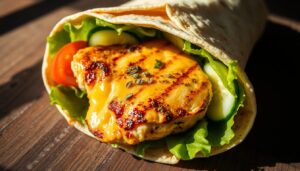 A succulent chicken breast, perfectly seasoned with aromatic garlic and fragrant herbs, nestled in a low-carb tortilla wrap. The chicken is grilled to a golden brown, oozing with melted cheddar cheese. Fresh lettuce, juicy tomatoes, and crisp cucumber slices add a refreshing crunch. Soft shadows cast by natural lighting create a cozy, inviting atmosphere, highlighting the dish's tempting texture and vibrant colors. The camera angle captures the wrap from an eye-level perspective, showcasing its mouthwatering presentation. This keto-friendly meal exudes a sense of wholesome indulgence, perfectly suited for the "The Perfect Keto-Friendly Meal" section.