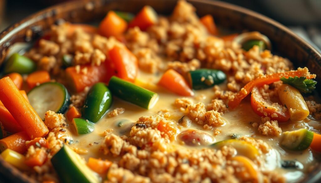 A sumptuous mixed vegetable casserole, bursting with vibrant colors and succulent textures. In the foreground, an array of fresh produce - carrots, zucchini, bell peppers, and onions - artfully arranged in a rustic baking dish. The middle ground features a creamy, bubbling cheese sauce that envelops the vegetables, creating a mouthwatering visual. Soft, golden-brown breadcrumb topping adorns the casserole, hinting at the satisfying crunch to come. Warm, diffused lighting from the sides casts a cozy glow, evoking a welcoming kitchen scene. The overall composition exudes a comforting, homemade atmosphere, inviting the viewer to dive into this delectable vegetable-based dish.