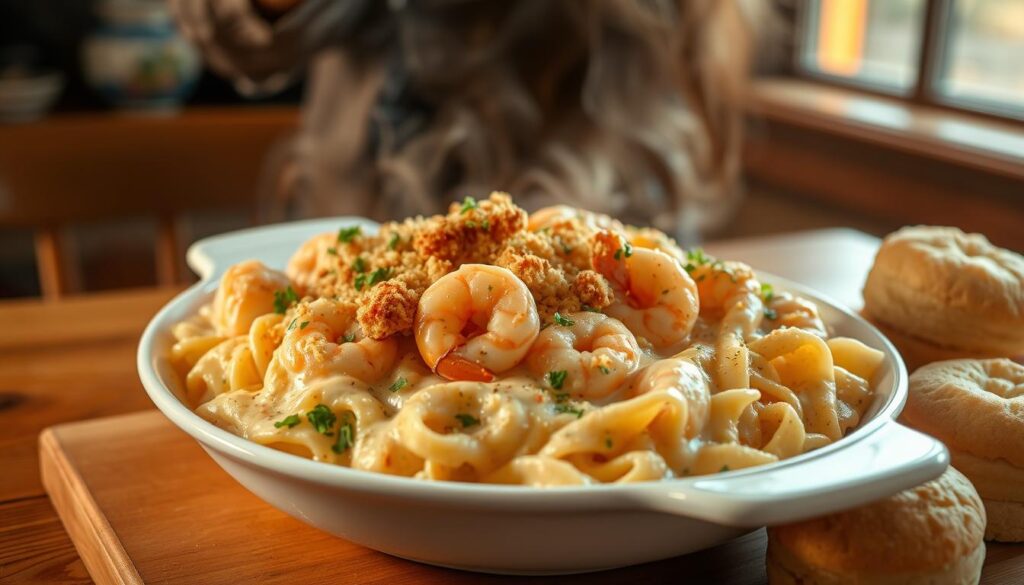 A sumptuous shrimp casserole, steaming hot and bubbling with creamy goodness, rests on a wooden table. The shrimp are plump and juicy, nestled in a rich, velvety sauce flecked with chopped parsley. Toasted breadcrumbs lend a delightful crunch to the top, contrasting with the tender noodles beneath. Soft, buttery biscuits stand ready to soak up every last bit of the comforting, savory flavors. Warm, golden light filters in through a nearby window, casting a cozy glow over the scene. The atmosphere is one of pure, unadulterated comfort food bliss. A sumptuous shrimp casserole, steaming hot and bubbling with creamy goodness, rests on a wooden table. The shrimp are plump and juicy, nestled in a rich, velvety sauce flecked with chopped parsley. Toasted breadcrumbs lend a delightful crunch to the top, contrasting with the tender noodles beneath. Soft, buttery biscuits stand ready to soak up every last bit of the comforting, savory flavors. Warm, golden light filters in through a nearby window, casting a cozy glow over the scene. The atmosphere is one of pure, unadulterated comfort food bliss.