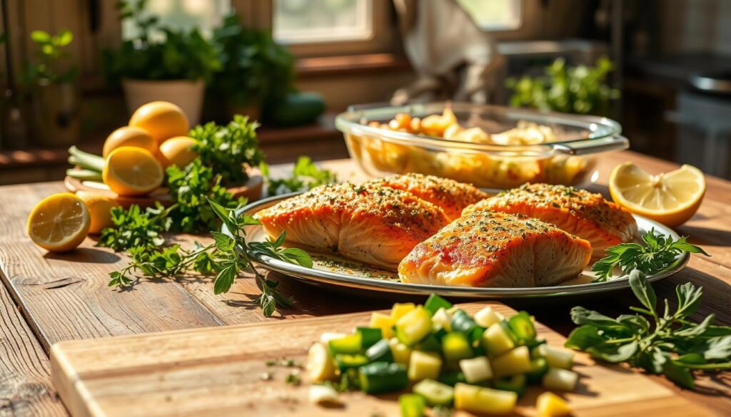 A sun-drenched kitchen with a rustic wooden table, adorned with a platter of oven-baked salmon fillets, fresh herbs, lemon wedges, and a steaming casserole dish. The salmon glistens with a golden-brown crust, its aroma filling the air. In the foreground, a cutting board with freshly chopped vegetables, a testament to the healthy, homemade nature of the dish. Soft, natural lighting casts a warm glow, highlighting the textures and colors of the ingredients. The overall atmosphere conveys a sense of wholesome, comforting nourishment, perfectly suited for the "Baked Parmesan Garlic Herb Salmon" recipe and the "Introduction to Baked Salmon" section. A sun-drenched kitchen with a rustic wooden table, adorned with a platter of oven-baked salmon fillets, fresh herbs, lemon wedges, and a steaming casserole dish. The salmon glistens with a golden-brown crust, its aroma filling the air. In the foreground, a cutting board with freshly chopped vegetables, a testament to the healthy, homemade nature of the dish. Soft, natural lighting casts a warm glow, highlighting the textures and colors of the ingredients. The overall atmosphere conveys a sense of wholesome, comforting nourishment, perfectly suited for the "Baked Parmesan Garlic Herb Salmon" recipe and the "Introduction to Baked Salmon" section.