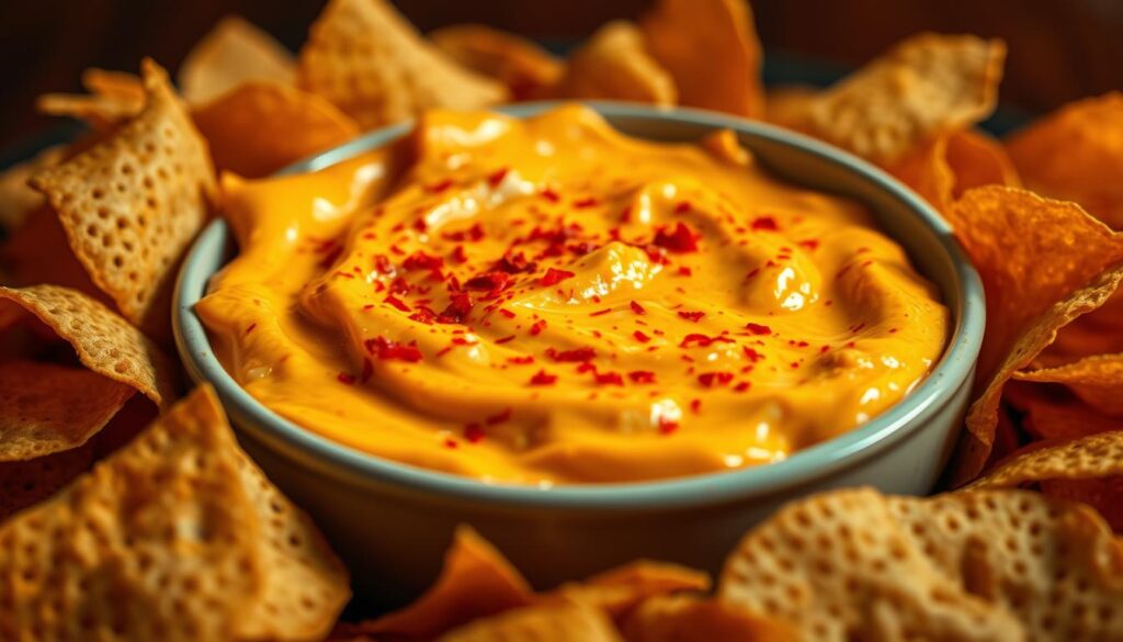A tantalizing close-up of a bowl filled with creamy, golden-hued buffalo chicken dip, surrounded by crisp, enticing tortilla chips. The dip's surface is dotted with flecks of spicy red pepper, lending a vibrant, appetizing hue. Soft, shredded chicken is seamlessly incorporated, creating a rich, indulgent texture. Warm, ambient lighting casts a cozy glow, highlighting the dip's inviting allure. The image is captured at a low angle, emphasizing the depth and decadence of this irresistible party favorite. A tantalizing close-up of a bowl filled with creamy, golden-hued buffalo chicken dip, surrounded by crisp, enticing tortilla chips. The dip's surface is dotted with flecks of spicy red pepper, lending a vibrant, appetizing hue. Soft, shredded chicken is seamlessly incorporated, creating a rich, indulgent texture. Warm, ambient lighting casts a cozy glow, highlighting the dip's inviting allure. The image is captured at a low angle, emphasizing the depth and decadence of this irresistible party favorite.