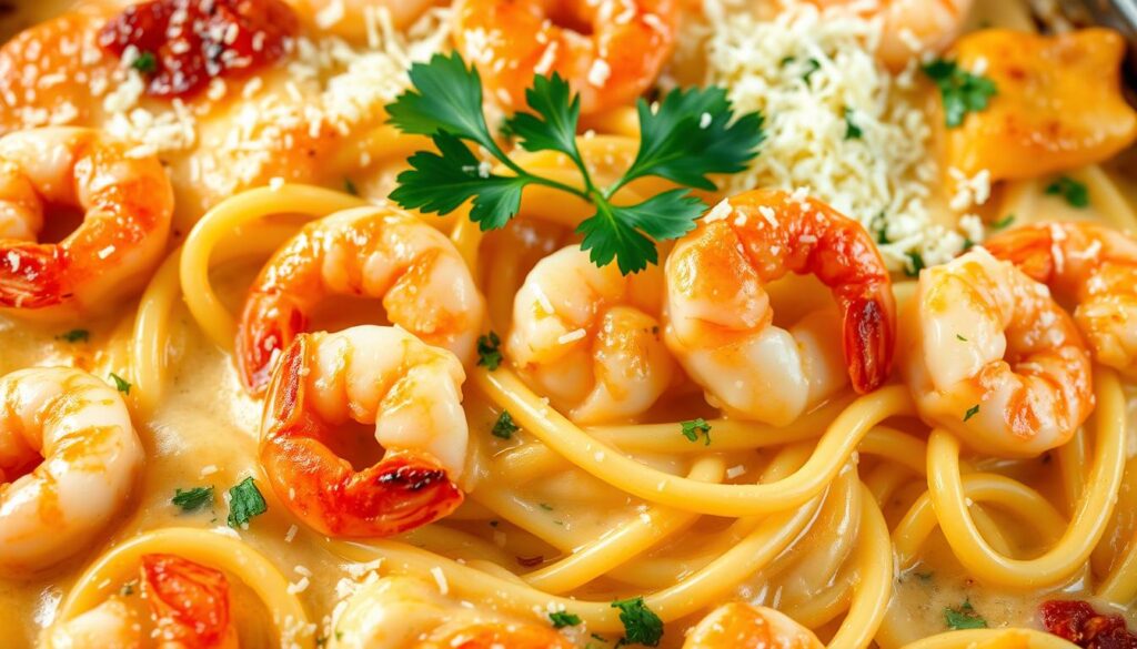 A tantalizing dish of shrimp scampi pasta bake, showcasing plump, juicy shrimp nestled in a bed of al dente fettuccine. The creamy, garlic-infused sauce envelops the pasta, creating a harmonious blend of flavors. Grated parmesan cheese and fresh parsley add a final touch of sophistication, while the golden, bubbly top layer beckons the viewer to indulge. Captured in a warm, inviting light, this mouthwatering image captures the essence of a comforting and satisfying meal that will leave you craving for more.