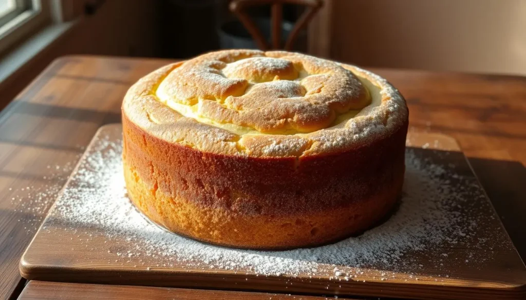A tempting emergency cake, freshly baked, sits atop a rustic wooden table, its surface dusted with a light coating of powdered sugar. The cake's golden-brown crust glistens under the warm, natural lighting, casting soft shadows that accentuate its fluffy texture. Delicate swirls of steam rise from the moist, fragrant crumb, hinting at the satisfying flavors within. The cake stands alone, the center of attention, inviting the viewer to imagine the comforting, homemade taste of this unexpected delight, created without the usual dairy ingredients. An aura of simplicity and improvisation surrounds the scene, reflecting the resilience and ingenuity of the baker who crafted this emergency cake. A-tempting-emergency-cake-freshly-baked-sits-atop-a-rustic-wooden-table-its-surface-dusted