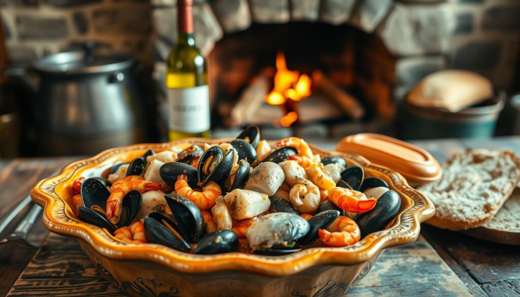 A traditional seafood cassolette, set against a rustic kitchen backdrop. In the foreground, an ornate earthenware dish overflows with a medley of fresh mussels, clams, shrimps, and white fish, glistening in a rich, creamy sauce. The middle ground features a weathered wooden table, with a bottle of white wine and a crusty loaf of bread, hinting at the perfect pairing. In the background, a stone fireplace casts a warm, golden glow, evoking the cozy ambiance of a seaside bistro. The overall scene is illuminated by soft, natural lighting, captured through a vintage, slightly distorted lens, creating a timeless, nostalgic atmosphere. A traditional seafood cassolette, set against a rustic kitchen backdrop. In the foreground, an ornate earthenware dish overflows with a medley of fresh mussels, clams, shrimps, and white fish, glistening in a rich, creamy sauce. The middle ground features a weathered wooden table, with a bottle of white wine and a crusty loaf of bread, hinting at the perfect pairing. In the background, a stone fireplace casts a warm, golden glow, evoking the cozy ambiance of a seaside bistro. The overall scene is illuminated by soft, natural lighting, captured through a vintage, slightly distorted lens, creating a timeless, nostalgic atmosphere.