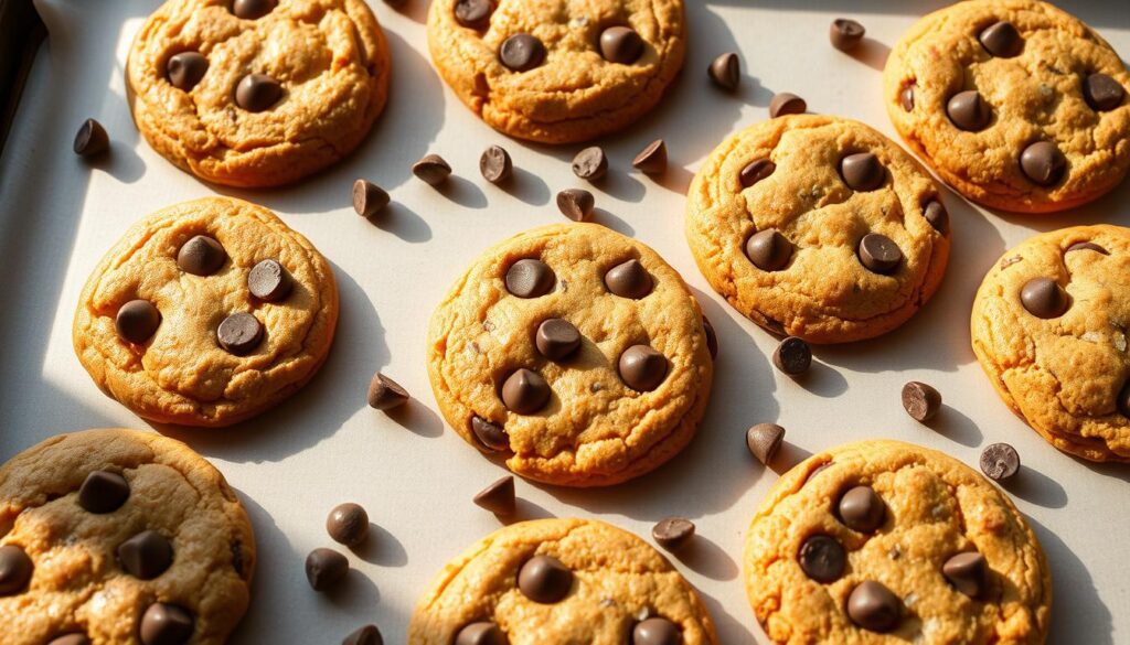 A tray of freshly baked, golden-brown chocolate chip cookies, their crisp edges and soft, chewy centers glimmering under warm, natural lighting. Scattered across the surface, plump chocolate chips peek out, their rich aroma mingling with the buttery scent of the cookie dough. The cookies are arranged in an artful, asymmetrical composition, casting soft shadows that add depth and dimension to the scene. The background is a clean, minimalist surface, allowing the cookies to take center stage and showcasing their irresistible texture and flavor. A tray of freshly baked, golden-brown chocolate chip cookies, their crisp edges and soft, chewy centers glimmering under warm, natural lighting. Scattered across the surface, plump chocolate chips peek out, their rich aroma mingling with the buttery scent of the cookie dough. The cookies are arranged in an artful, asymmetrical composition, casting soft shadows that add depth and dimension to the scene. The background is a clean, minimalist surface, allowing the cookies to take center stage and showcasing their irresistible texture and flavor.