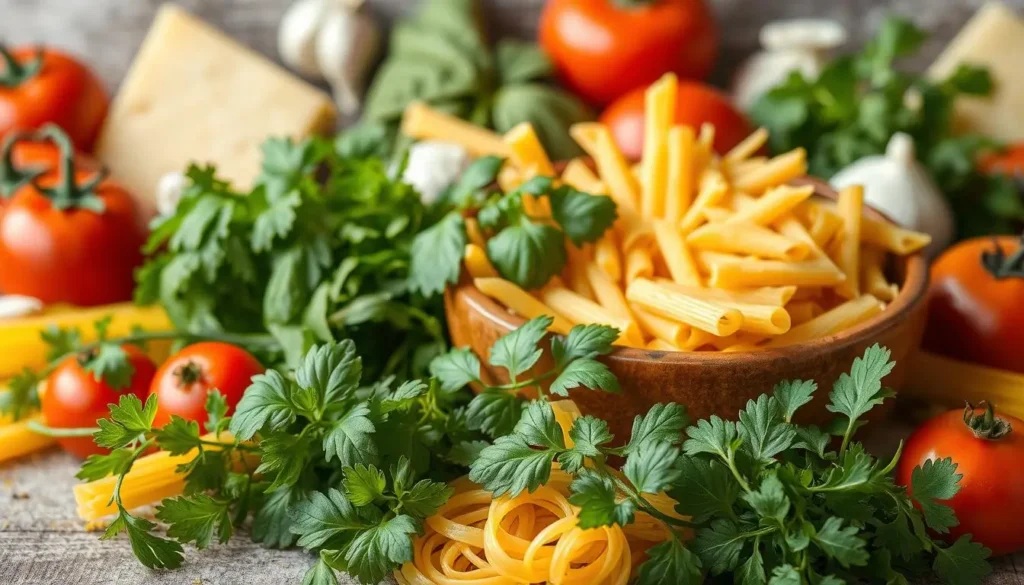 A vibrant and appetizing still life composition showcasing the essential ingredients for a flavorful pasta dish. In the foreground, a variety of fresh herbs, such as basil, parsley, and oregano, are neatly arranged, their vibrant green hues and delicate textures inviting the viewer to reach out and touch them. In the middle ground, a selection of premium dried pasta shapes, including spaghetti, penne, and fusilli, are elegantly displayed in a rustic ceramic bowl, their warm, earthy tones complementing the herbs. In the background, a variety of Italian staples, such as tomatoes, garlic, and Parmesan cheese, are positioned to create a sense of depth and completeness, suggesting the full range of flavors that will come together in the final dish. The lighting is soft and natural, casting a warm, inviting glow over the scene, and the camera angle is slightly elevated to provide a comprehensive, visually appealing view of the ingredients. A-vibrant-and-appetizing-still-life-composition-showcasing-the-essential-ingredients-for-a