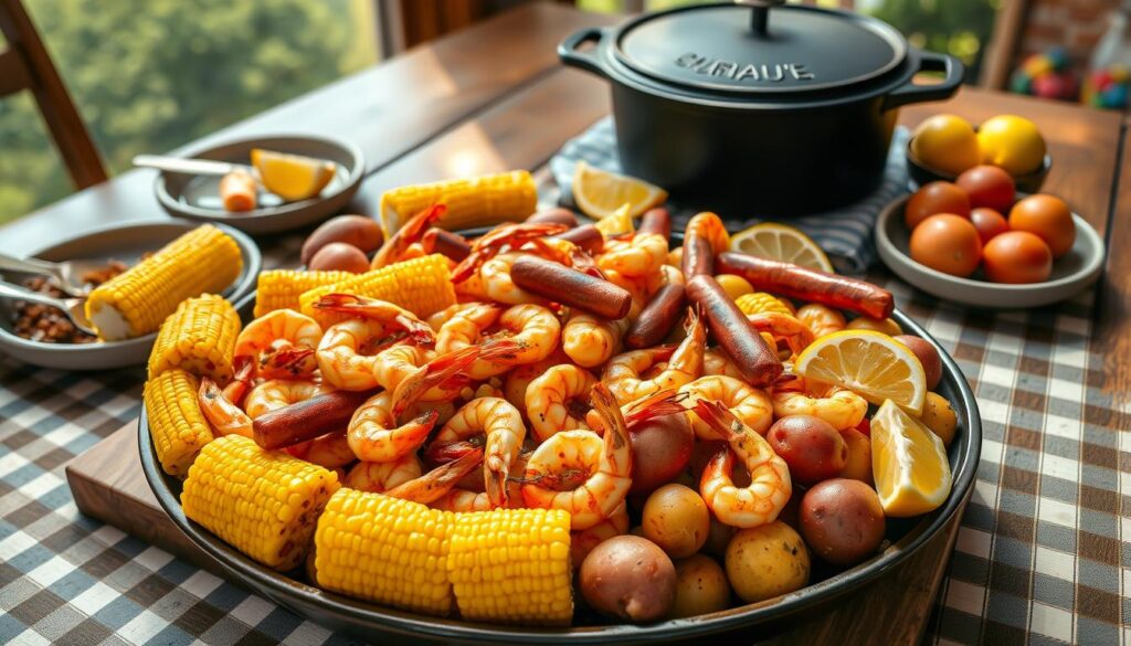 A vibrant and authentic Cajun shrimp boil, illuminated by natural lighting and captured from an overhead angle. The foreground showcases a large serving platter brimming with succulent shrimp, corn on the cob, andouille sausage, and red potatoes, all seasoned with a blend of Cajun spices. The middle ground features a wooden table, covered with a checkered tablecloth, surrounded by rustic elements like a cast iron pot and lemon wedges. The background depicts a cozy, relaxed atmosphere, with hints of a lush, verdant landscape peeking through the frame. The overall composition evokes the spirit of a traditional Cajun celebration, inviting the viewer to savor the flavorful bounty of the shrimp boil.