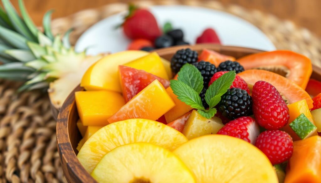 A vibrant and mouthwatering traditional fruit salad, capturing the essence of Latin American cuisine. In the foreground, a colorful array of freshly sliced tropical fruits - juicy pineapple, sweet mango, fragrant papaya, and tangy guava - arranged in a rustic wooden bowl. The middle ground features luscious berries, including plump strawberries, tart blackberries, and vibrant raspberries, adding pops of color. In the background, a woven straw placemat and a simple, yet elegant, white ceramic plate create a warm, natural setting. The lighting is soft and diffused, highlighting the succulent textures and vibrant hues of the fresh fruit. Overall, the image conveys a sense of freshness, vibrancy, and the comforting tradition of sharing a delicious fruit salad. A vibrant and mouthwatering traditional fruit salad, capturing the essence of Latin American cuisine. In the foreground, a colorful array of freshly sliced tropical fruits - juicy pineapple, sweet mango, fragrant papaya, and tangy guava - arranged in a rustic wooden bowl. The middle ground features luscious berries, including plump strawberries, tart blackberries, and vibrant raspberries, adding pops of color. In the background, a woven straw placemat and a simple, yet elegant, white ceramic plate create a warm, natural setting. The lighting is soft and diffused, highlighting the succulent textures and vibrant hues of the fresh fruit. Overall, the image conveys a sense of freshness, vibrancy, and the comforting tradition of sharing a delicious fruit salad.
