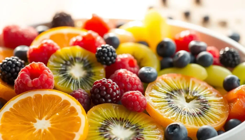 A vibrant, appetizing arrangement of fresh, juicy fruits in a white ceramic bowl, illuminated by warm, natural lighting. In the foreground, sliced oranges, plump raspberries, and succulent blackberries are artfully layered. The middle ground features vibrant green kiwi slices and sweet, glistening grapes. In the background, a scattering of blueberries and a sprinkling of poppy seeds creates visual interest and a hint of the dressing to come. The overall composition is balanced, inviting, and expertly captures the essence of a delectable fruit salad. A-vibrant-appetizing-arrangement-of-fresh-juicy-fruits-in-a-white-ceramic-bowl-illuminated