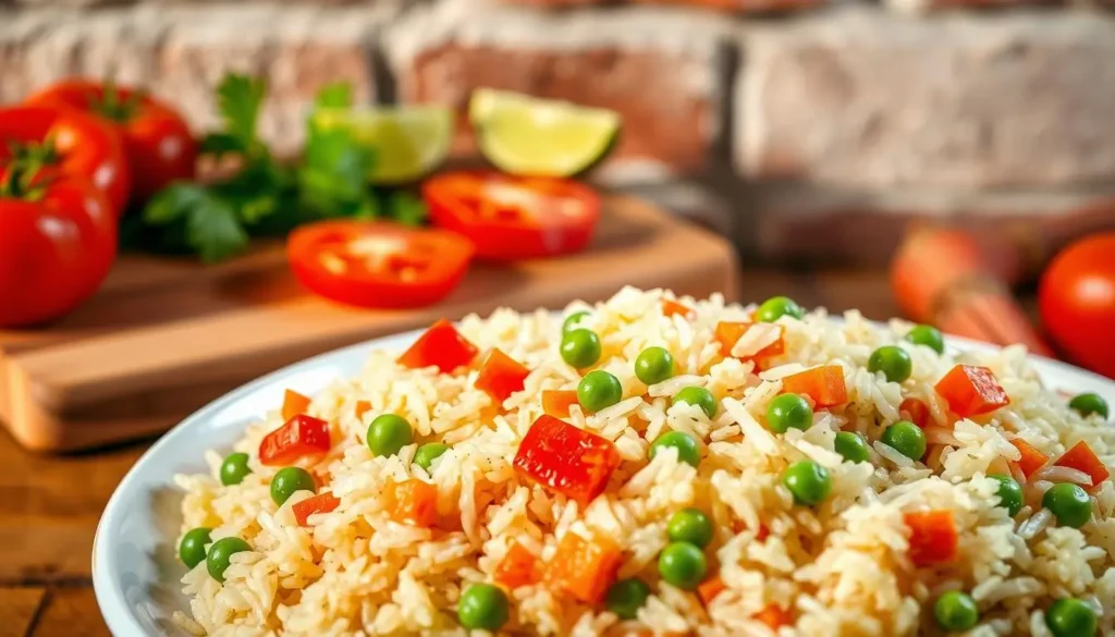 A vibrant, appetizing image of Mexican rice recipes. In the foreground, a steaming plate of fluffy, fragrant rice, dotted with vibrant peas, diced carrots, and slivers of bell pepper. The rice glistens with a light sheen, hinting at the flavorful seasoning. In the middle ground, a wooden cutting board with sliced tomatoes, cilantro, and a wedge of lime, casting warm, natural shadows. The background features a rustic, textured brick wall, bathed in soft, diffused lighting, creating a cozy, authentic Mexican kitchen atmosphere. The overall scene exudes a mouthwatering, homemade appeal, inviting the viewer to explore the delicious possibilities of this classic Mexican dish. A-vibrant-appetizing-image-of-Mexican-rice-recipes.-In-the-foreground-a-steaming-plate-of