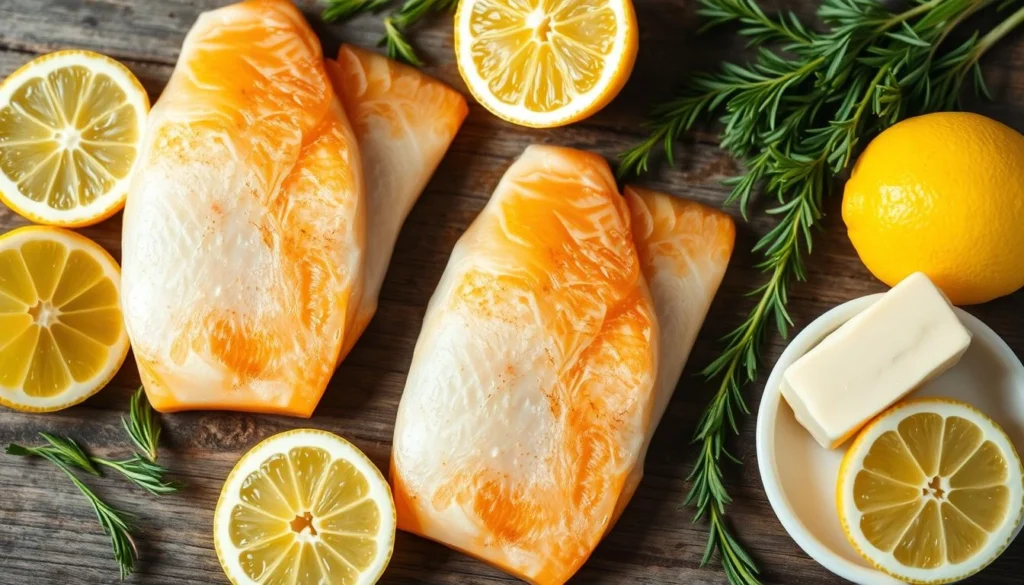 A vibrant, appetizing still life of fresh tilapia fillets, lemons, and other key ingredients for a delicious fish dinner. The fillets are arranged on a rustic wooden table, their warm, golden-brown skin glistening under soft, natural lighting. Surrounding the fish are slices of lemon, sprigs of fresh herbs, a pat of creamy butter, and perhaps a few simple seasonings. The overall composition evokes the comforting, homemade feel of a lemon-butter baked tilapia dish, ready to be savored. The image has a clean, uncluttered aesthetic, allowing the high-quality ingredients to take center stage. A-vibrant-appetizing-still-life-of-fresh-tilapia-fillets-lemons-and-other-key-ingredients