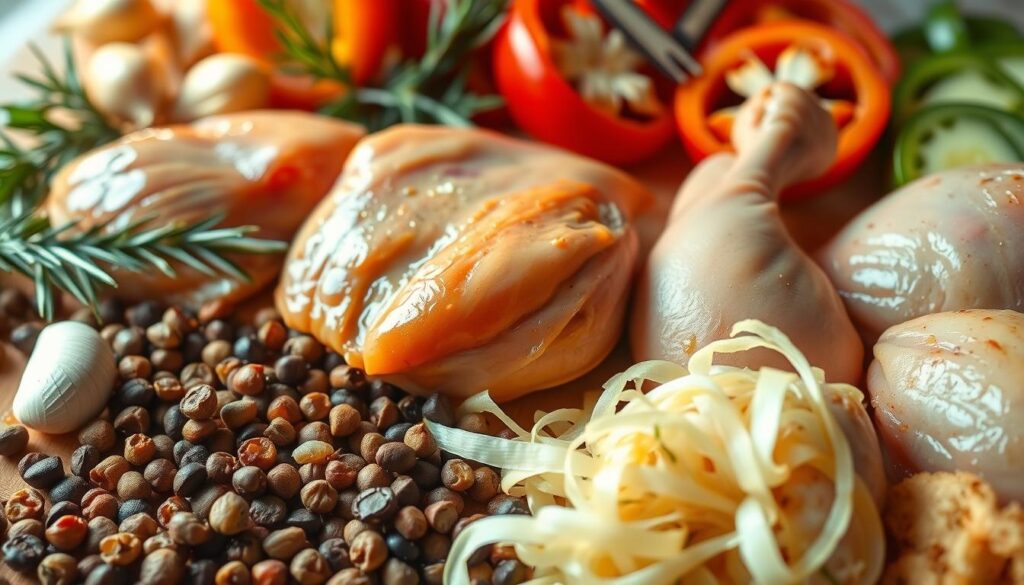 A vibrant arrangement of fresh ingredients for a fragrant and flavorful pepper chicken dish. In the foreground, a medley of whole peppercorns, crushed garlic cloves, and julienned ginger glistening under warm, natural lighting. In the middle ground, a selection of plump, juicy chicken thighs and drumsticks, their skin glistening with anticipation. In the background, a scatter of fresh herbs, including sprigs of fragrant rosemary and thyme, along with a handful of sliced red and green bell peppers, their colors vibrant and inviting. The overall mood is one of culinary excitement, with the promise of a harmonious blend of spices and textures to create a mouthwatering pepper chicken dish. A vibrant arrangement of fresh ingredients for a fragrant and flavorful pepper chicken dish. In the foreground, a medley of whole peppercorns, crushed garlic cloves, and julienned ginger glistening under warm, natural lighting. In the middle ground, a selection of plump, juicy chicken thighs and drumsticks, their skin glistening with anticipation. In the background, a scatter of fresh herbs, including sprigs of fragrant rosemary and thyme, along with a handful of sliced red and green bell peppers, their colors vibrant and inviting. The overall mood is one of culinary excitement, with the promise of a harmonious blend of spices and textures to create a mouthwatering pepper chicken dish.