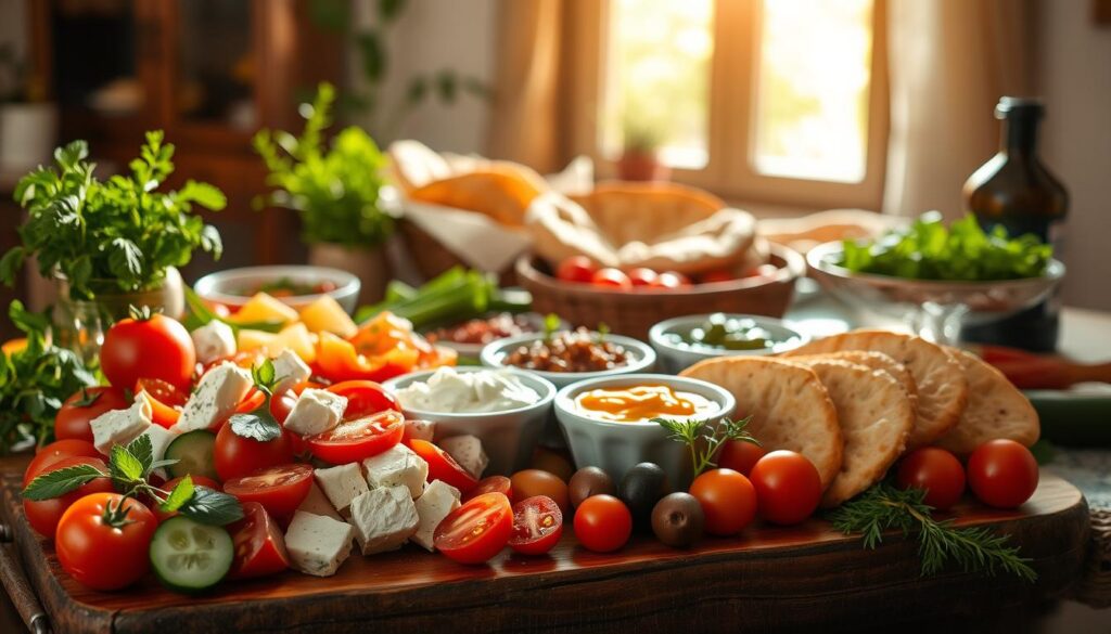 A vibrant array of Mediterranean delicacies, meticulously arranged on a rustic wooden table. In the foreground, sun-ripened tomatoes, crisp cucumbers, and fragrant herbs mingle with creamy feta and tangy olives. The middle ground showcases freshly baked pita breads, glistening with olive oil, accompanied by a selection of vibrant dips and spreads. In the background, a warm, golden-hued light filters through the window, casting a soft, inviting glow over the scene. The atmosphere is one of simplicity, authenticity, and the celebration of the Mediterranean's bountiful, plant-based cuisine. A vibrant array of Mediterranean delicacies, meticulously arranged on a rustic wooden table. In the foreground, sun-ripened tomatoes, crisp cucumbers, and fragrant herbs mingle with creamy feta and tangy olives. The middle ground showcases freshly baked pita breads, glistening with olive oil, accompanied by a selection of vibrant dips and spreads. In the background, a warm, golden-hued light filters through the window, casting a soft, inviting glow over the scene. The atmosphere is one of simplicity, authenticity, and the celebration of the Mediterranean's bountiful, plant-based cuisine.