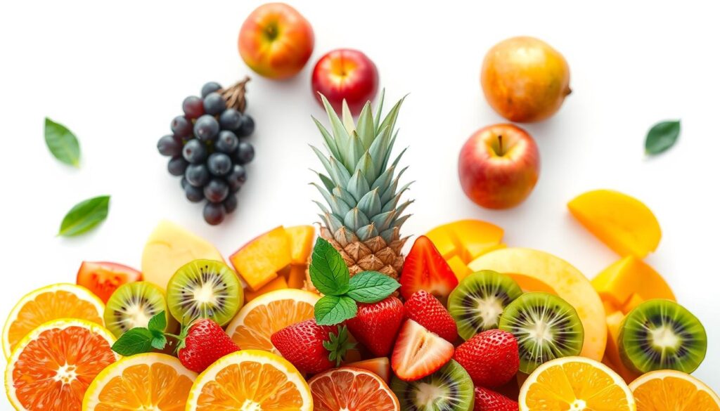 A vibrant array of fresh fruits against a crisp, white background, illuminated by soft, natural lighting. In the foreground, an assortment of colorful slices and wedges, including juicy oranges, ripe strawberries, sweet pineapple, and succulent kiwi. In the middle ground, whole fruits like luscious grapes, crisp apples, and plump mango await their turn. The background features a few scattered leaves, hinting at the salad-like nature of the composition. The overall scene exudes a sense of freshness, health, and appetite-inducing allure, perfectly capturing the essence of "Ensalada de Frutas" (Fruit Salad). A vibrant array of fresh fruits against a crisp, white background, illuminated by soft, natural lighting. In the foreground, an assortment of colorful slices and wedges, including juicy oranges, ripe strawberries, sweet pineapple, and succulent kiwi. In the middle ground, whole fruits like luscious grapes, crisp apples, and plump mango await their turn. The background features a few scattered leaves, hinting at the salad-like nature of the composition. The overall scene exudes a sense of freshness, health, and appetite-inducing allure, perfectly capturing the essence of "Ensalada de Frutas" (Fruit Salad).