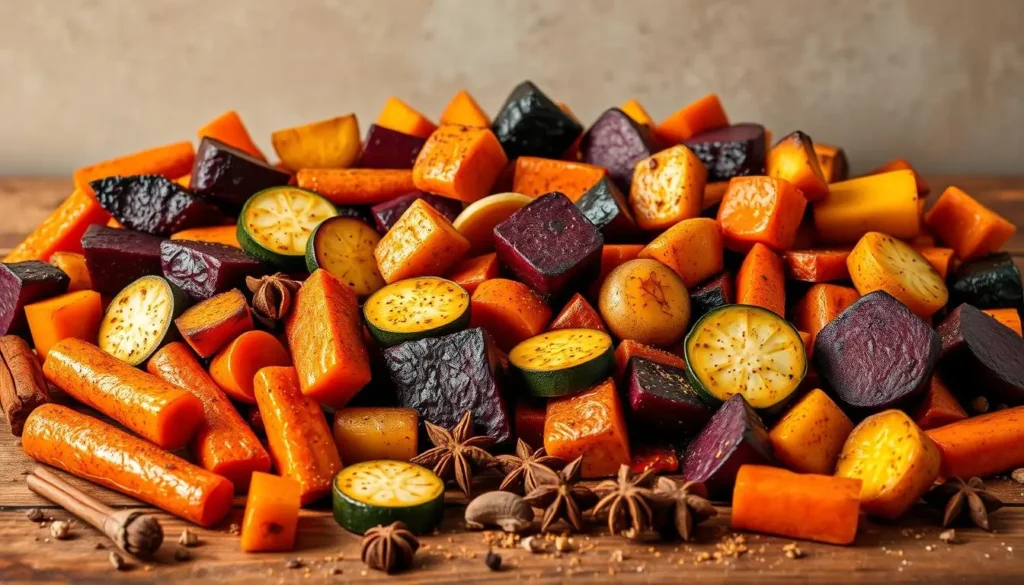 A vibrant assortment of Indian spiced roasted vegetables, artfully arranged on a rustic wooden table. In the foreground, a medley of tender root vegetables - carrots, potatoes, and beets - baked to a caramelized perfection, their rich hues accentuated by the warm, earthy tones of turmeric, cumin, and garam masala. Interspersed among them, slices of zucchini and bell peppers, their edges lightly charred, add a touch of sweetness and visual interest. In the middle ground, a scattering of whole, fragrant spices - cinnamon sticks, cardamom pods, and whole cloves - create an evocative aroma. The background features a muted, textured wall, allowing the vibrant colors of the roasted vegetables to take center stage, illuminated by soft, diffused lighting that casts gentle shadows, capturing the rustic, homemade essence of this Indian-inspired dish. A-vibrant-assortment-of-Indian-spiced-roasted-vegetables-artfully-arranged-on-a-rustic-wooden-