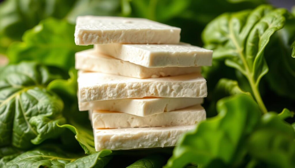 A vibrant close-up of a stack of fresh tofu slices, showcasing their creamy white texture and soft, delicate appearance. The tofu is set against a background of lush, green leafy vegetables such as spinach or kale, symbolizing the health benefits associated with this versatile ingredient. Vibrant hues of green and white create a natural, earthy tone, illuminated by soft, diffused lighting that casts gentle shadows, highlighting the tofu's subtle details. The composition is balanced and visually appealing, inviting the viewer to appreciate the nutritional qualities of tofu and its potential as a healthy ingredient for a delicious sandwich. A vibrant close-up of a stack of fresh tofu slices, showcasing their creamy white texture and soft, delicate appearance. The tofu is set against a background of lush, green leafy vegetables such as spinach or kale, symbolizing the health benefits associated with this versatile ingredient. Vibrant hues of green and white create a natural, earthy tone, illuminated by soft, diffused lighting that casts gentle shadows, highlighting the tofu's subtle details. The composition is balanced and visually appealing, inviting the viewer to appreciate the nutritional qualities of tofu and its potential as a healthy ingredient for a delicious sandwich.